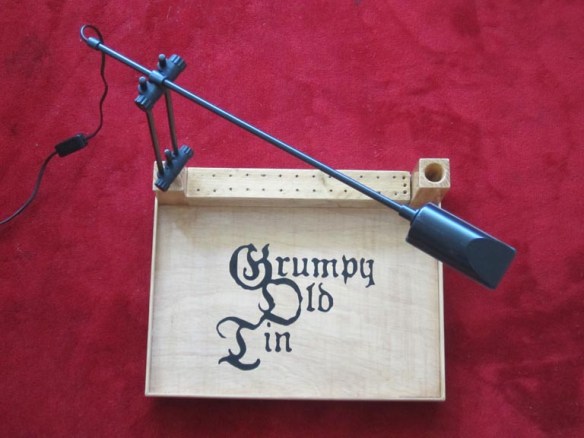 Not the most amazing joinery, but it kept me busy for a week which is always a bonus. The light takes a 20W Halogen bulb which is a bit dim. Plus it is "Warm White" and I work in "Cool White". There are LEDs in the same fitting, but some Amazon reviews mentioned a flickering effect if the transformer for the light is not suitable. The light is a Nuova by Veneta Lumi. I'm going to finish the last Job on the old tray and start the next on this.