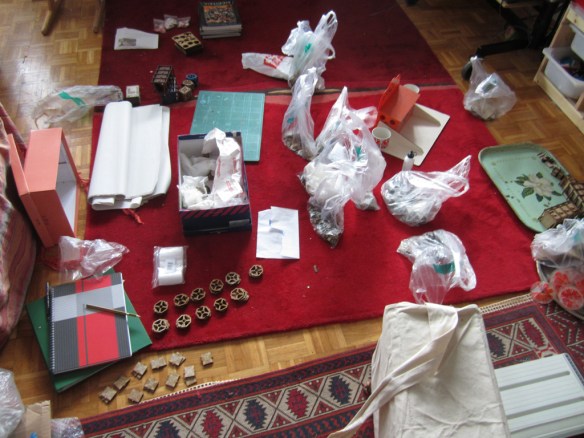 Here I am collating components in the front room.